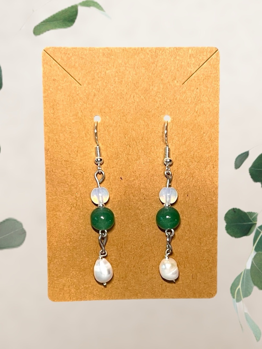 Handcrafted Green Aventurine, Opalite & Genuine Pearl Drop Silver Tone Earrings